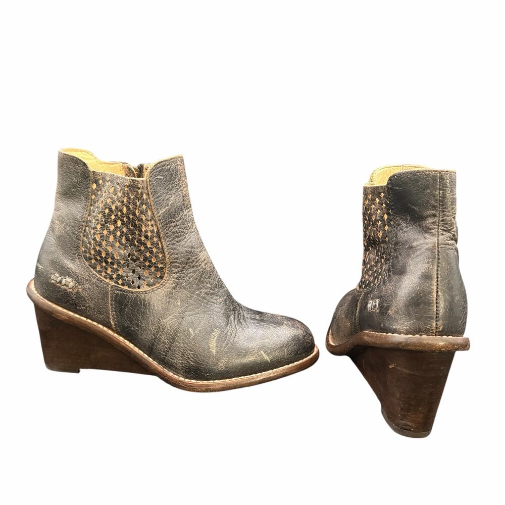 Bed Stu Countess Leather Wedge Ankle Boots Perforated Side Zip Women’s 9.5